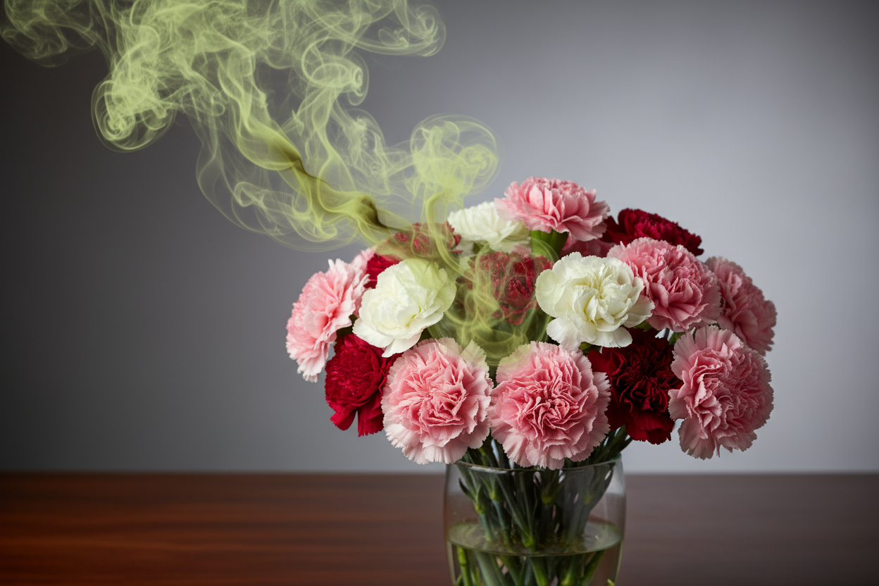 bouqet of carnations with stench curling around it   real photo