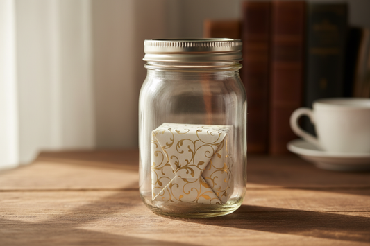 in a mason jar and no ribbon on wrapped square